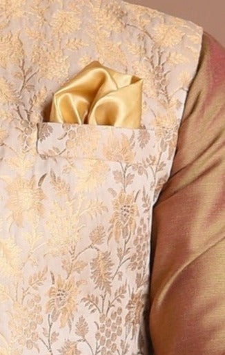 Banarasi Brocade Silk Beige Golden Half Jodhpuri Jacket With Kurta Pajama