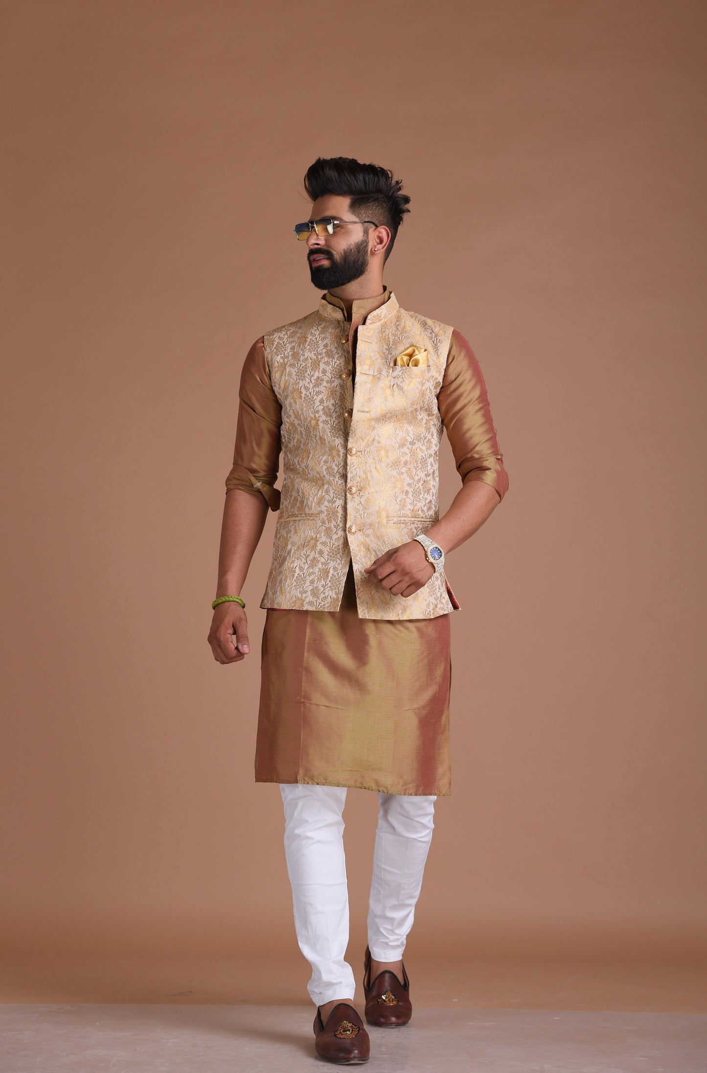 Banarasi Brocade Silk Beige Golden Half Jodhpuri Jacket With Kurta Pajama