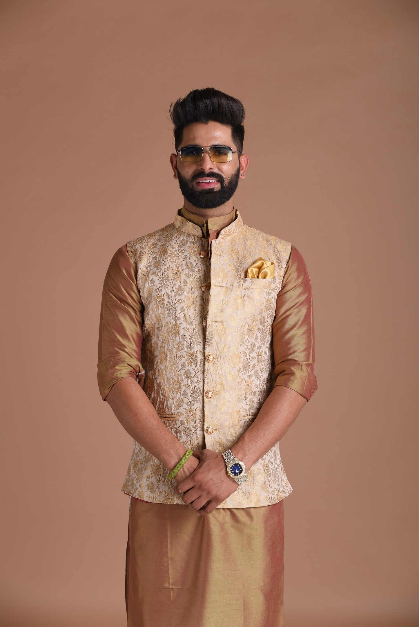 Banarasi Brocade Silk Beige Golden Half Jodhpuri Jacket With Kurta Pajama