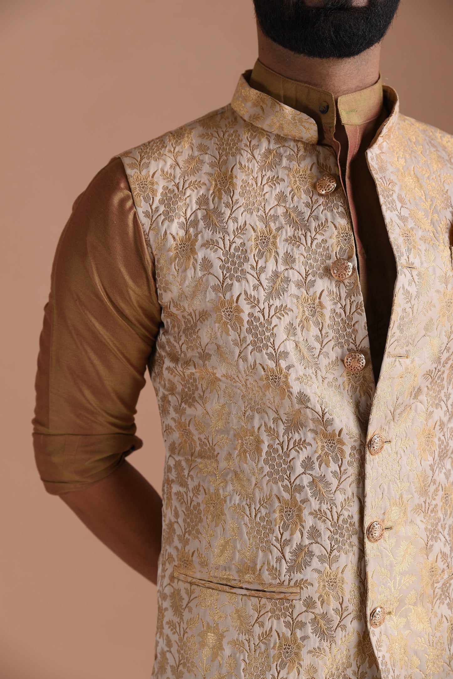 Banarasi Brocade Silk Beige Golden Half Jodhpuri Jacket With Kurta Pajama