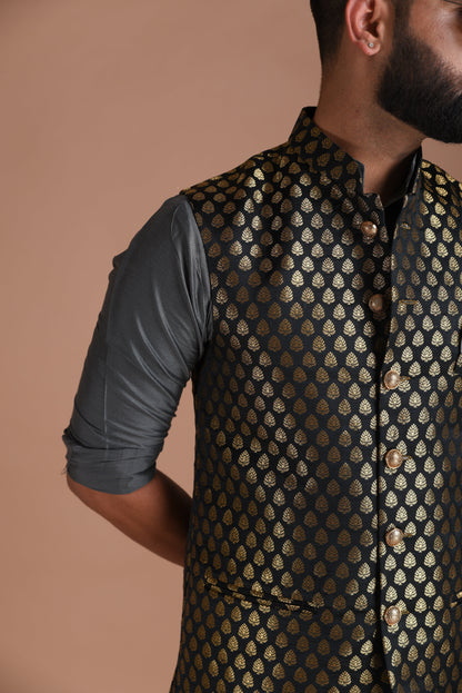 Booti Pattern Black color Royal Half Jodhpuri Jacket With Kurta Pajama Set