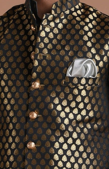 Booti Pattern Black color Royal Half Jodhpuri Jacket With Kurta Pajama Set