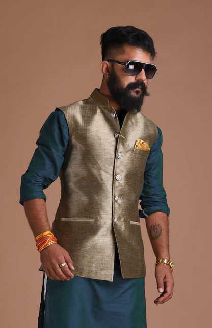 Golden Cyan Kim-Khab Half Jodhpuri Jacket with Kurta-Pajama Set