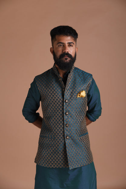 Leaf Pattern Dark Green Brocade Half Jodhpuri Jacket With Kurta Pajama