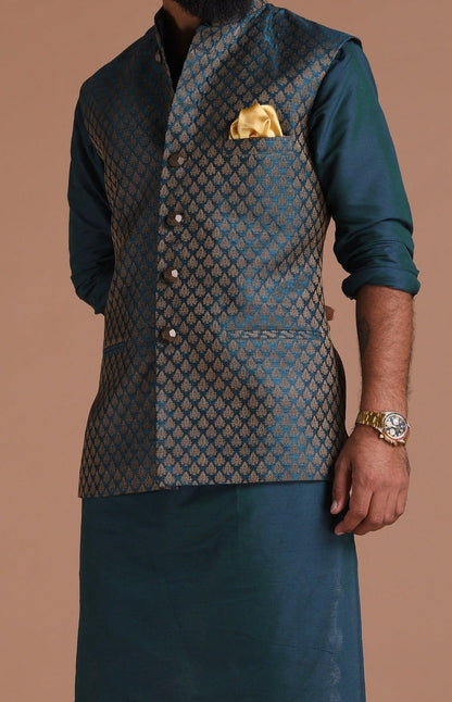 Leaf Pattern Dark Green Brocade Half Jodhpuri Jacket With Kurta Pajama