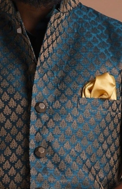 Leaf Pattern Dark Green Brocade Half Jodhpuri Jacket With Kurta Pajama