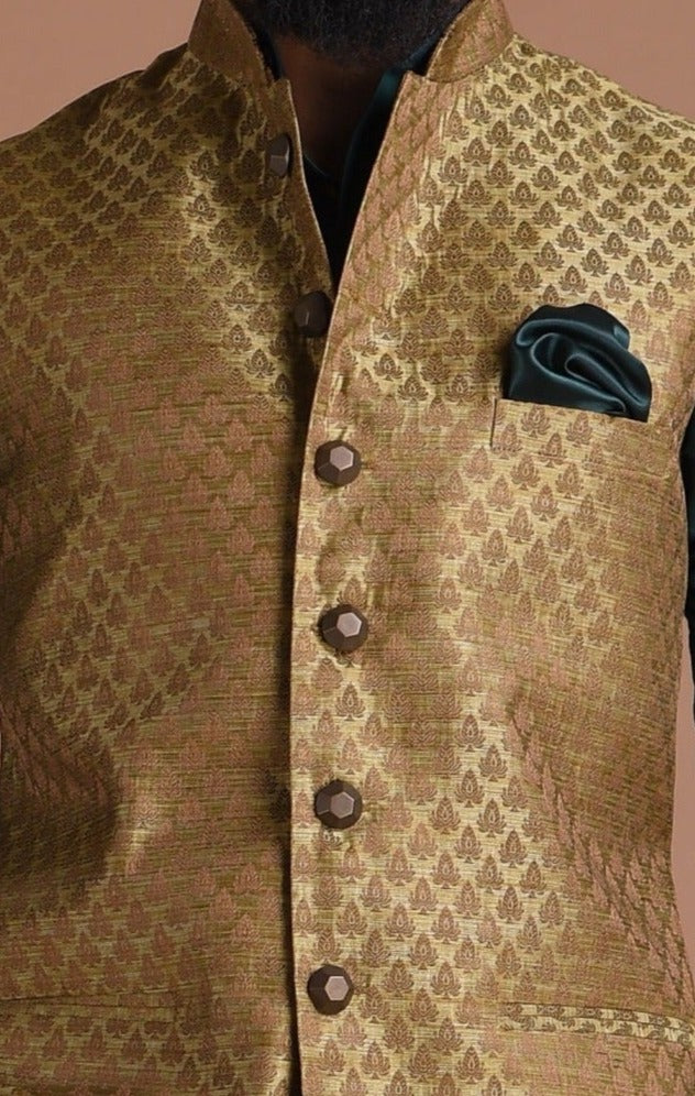 New Designer Men Rose Gold Brocade Nehru Jacket With Golden Work By Lu –  Luxuryatless