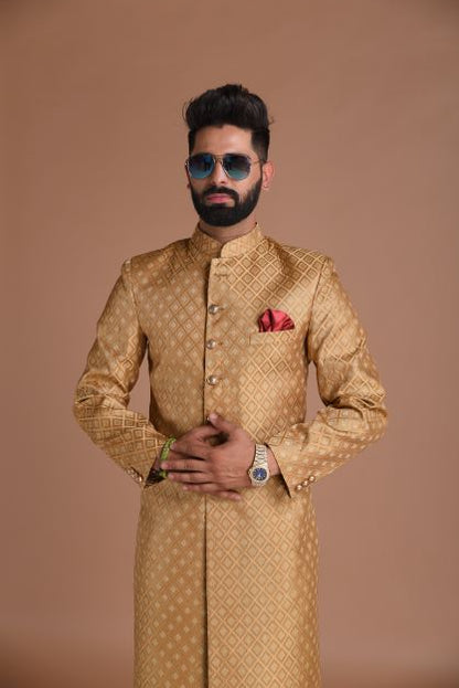 Handmade Royal Golden Brown Brocade Silk Sherwani