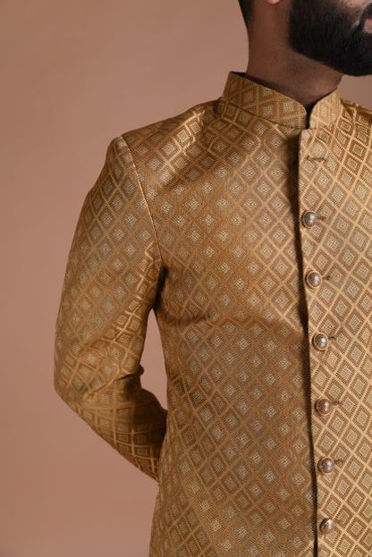 Handmade Royal Golden Brown Brocade Silk Sherwani