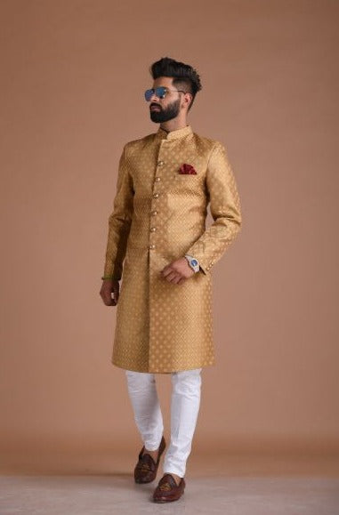 Handmade Royal Golden Brown Brocade Silk Sherwani