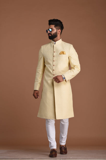 Fawn Golden Color Booti Club Pattern Brocade Silk Sherwani