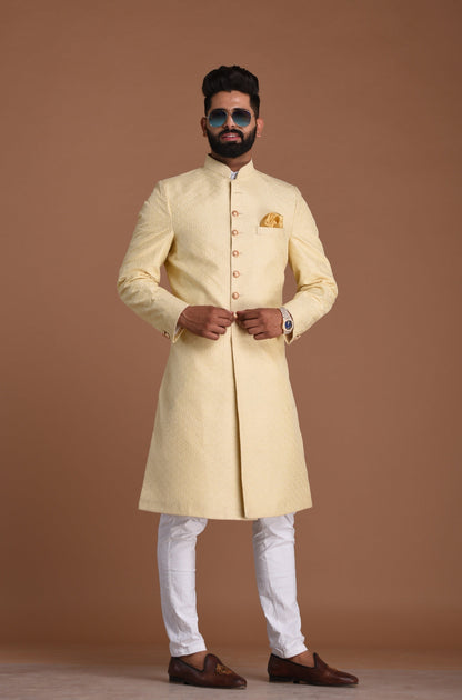 Fawn Golden Color Booti Club Pattern Brocade Silk Sherwani