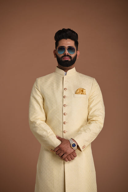 Fawn Golden Color Booti Club Pattern Brocade Silk Sherwani