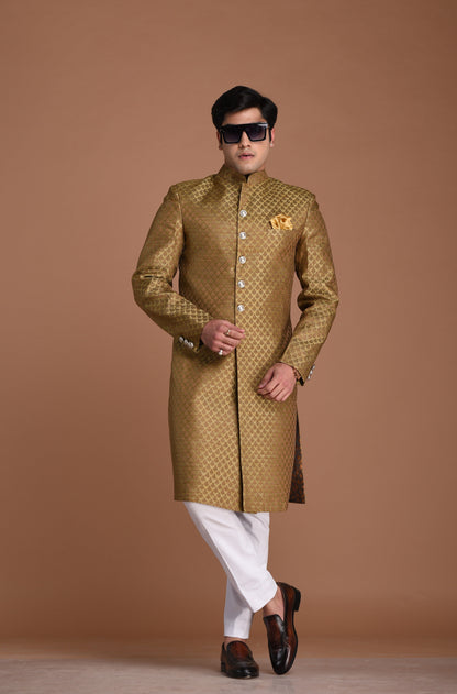Booti Pattern Brocade Silk Sherwani Achkan Brown Color | Best For Weddings, Grooms, Formal Indian Subcontinent Events Festivals