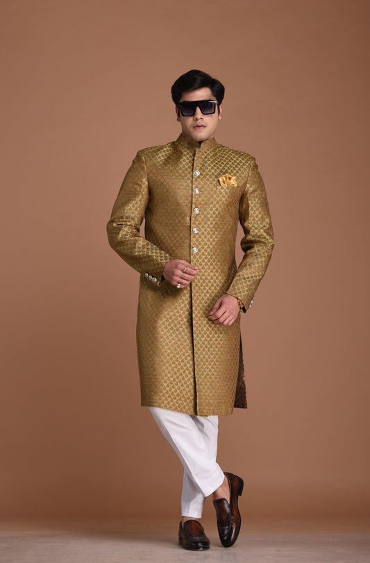Booti Pattern Brocade Silk Sherwani Achkan Brown Color | Best For Weddings, Grooms, Formal Indian Subcontinent Events Festivals