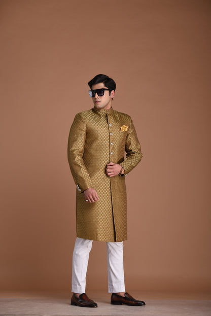 Booti Pattern Brocade Silk Sherwani Achkan Brown Color | Best For Weddings, Grooms, Formal Indian Subcontinent Events Festivals