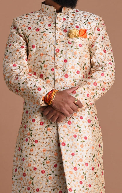 Exclusive Cream Color Floral Pattern Heavy Embroidered sherwani