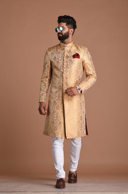 Fawn And Golden Banarasi Brocade Silk Heavy Embroidery Sherwani