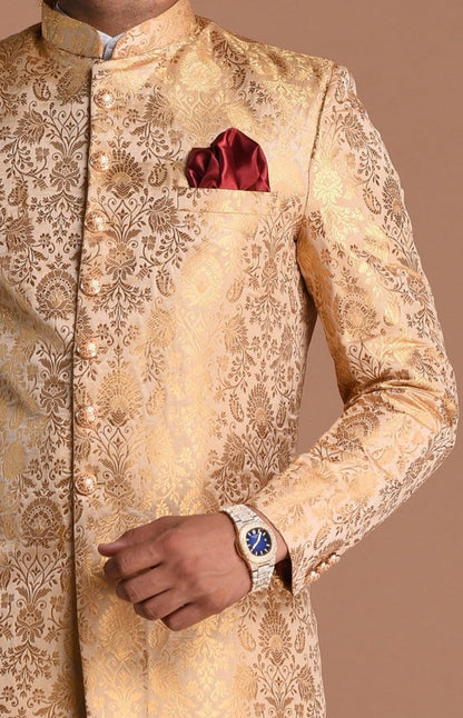 Fawn And Golden Banarasi Brocade Silk Heavy Embroidery Sherwani