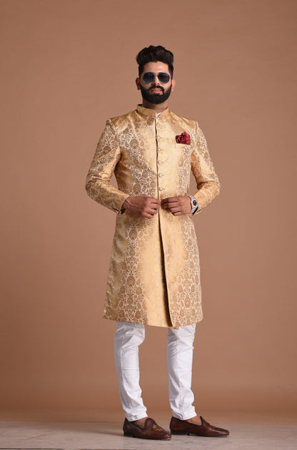 Fawn And Golden Banarasi Brocade Silk Heavy Embroidery Sherwani