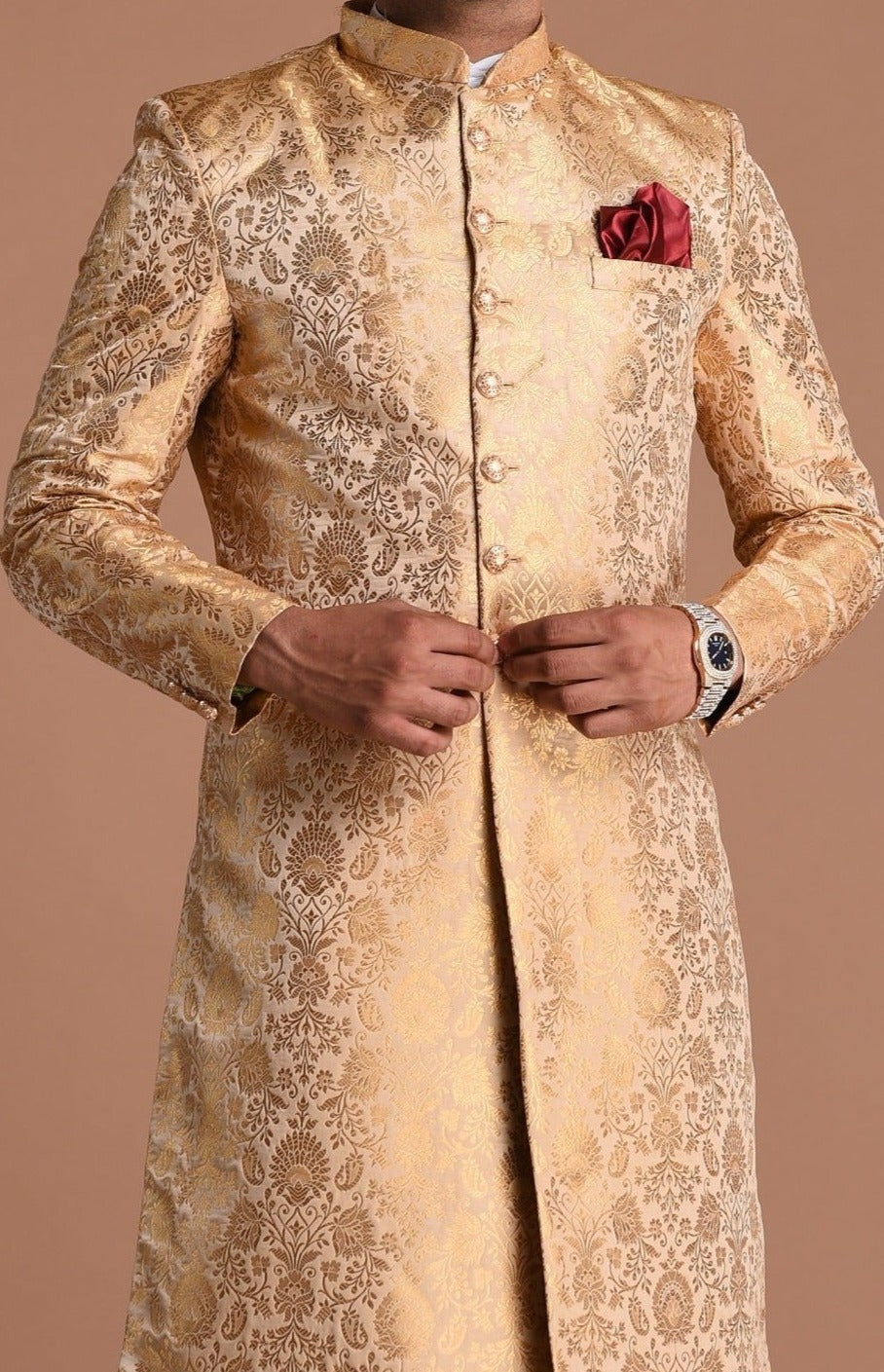 Fawn And Golden Banarasi Brocade Silk Heavy Embroidery Sherwani