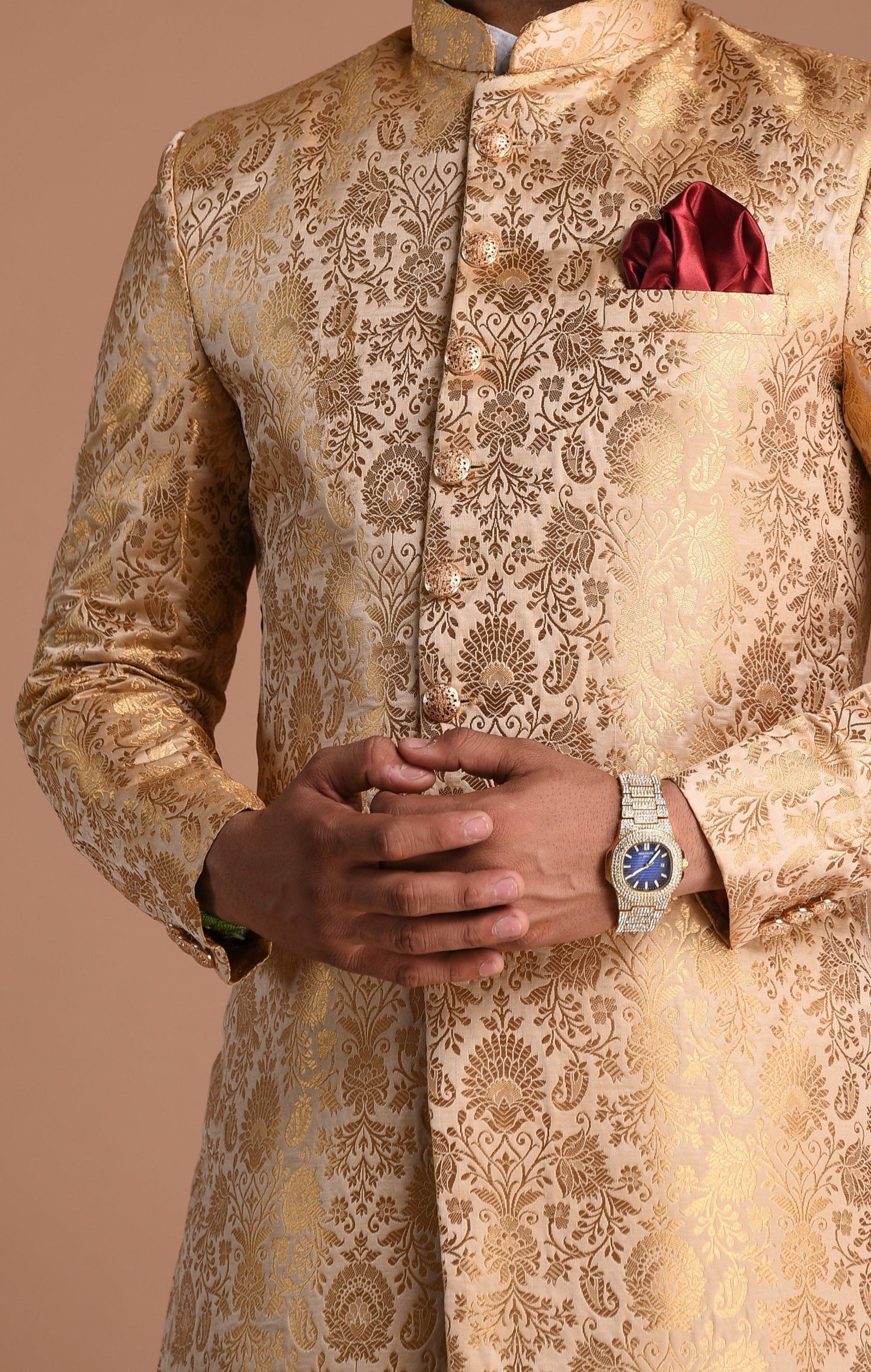 Fawn And Golden Banarasi Brocade Silk Heavy Embroidery Sherwani