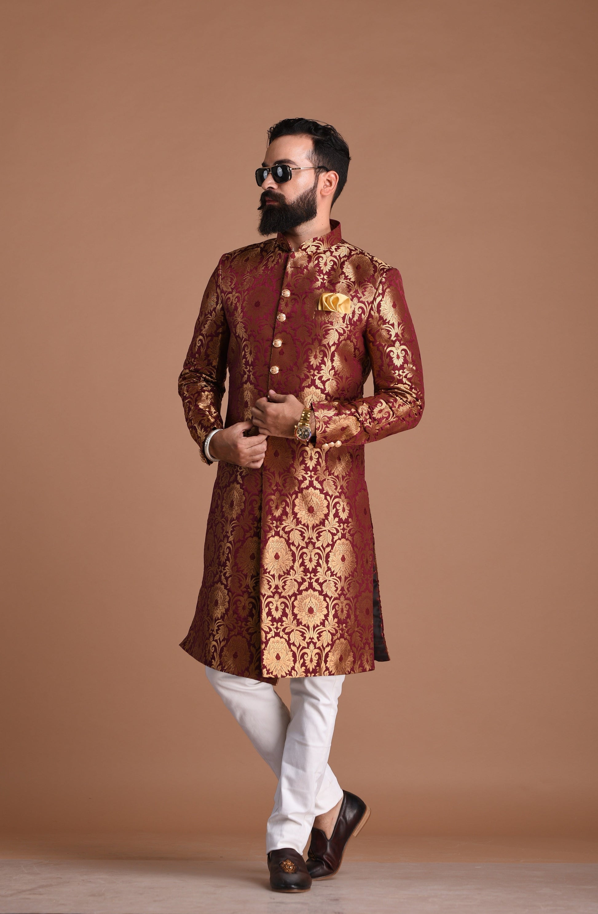 Golden Floral Work Brocade Silk Maroon Sherwani Achkan for Men