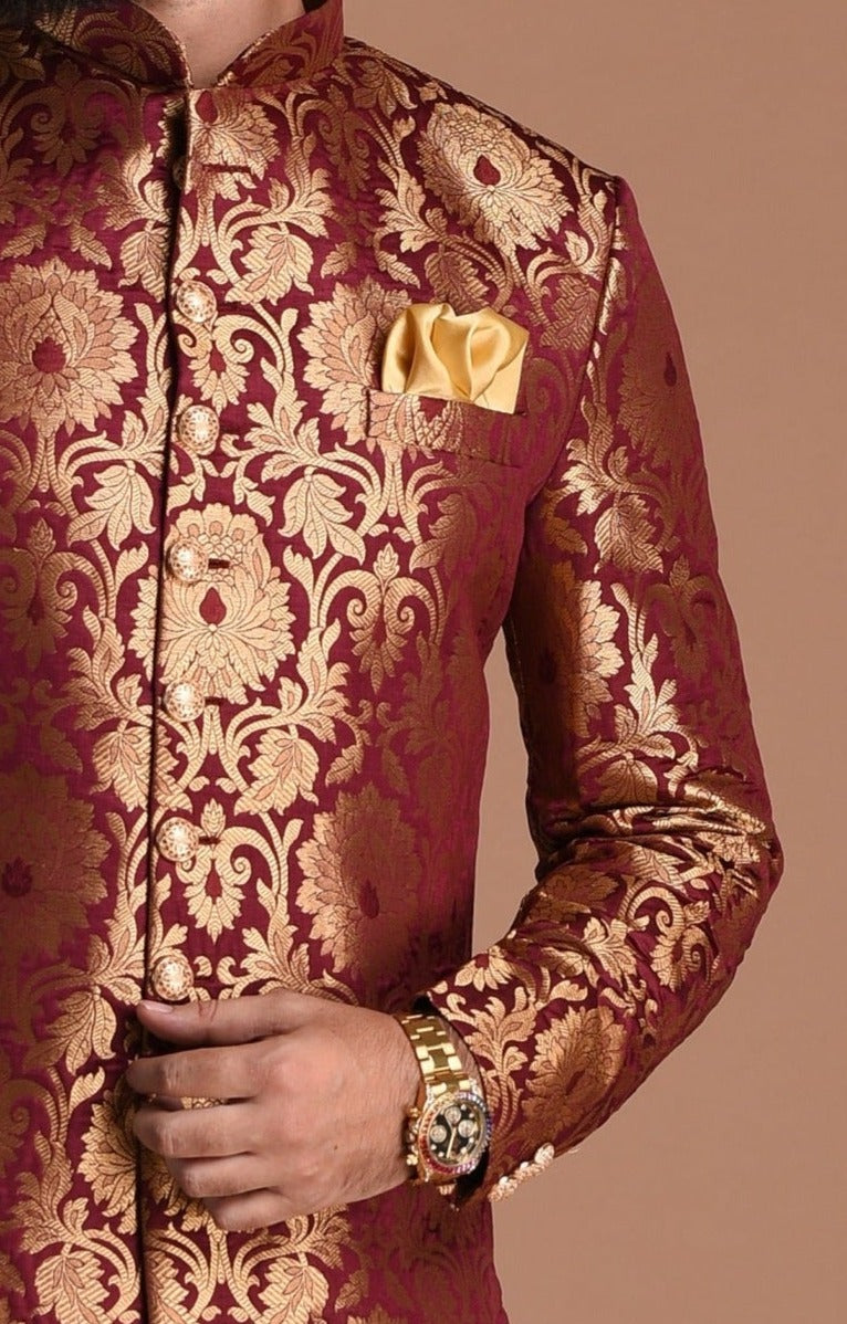Golden Floral Work Brocade Silk Maroon Sherwani Achkan for Men | Perfect Groom Wear | Wedding Function Wear