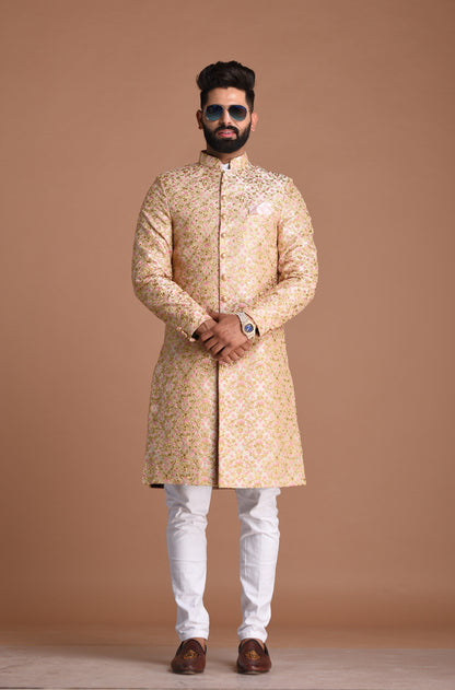 Cream Base With Pink Heavy Embroidered Floral Sherwani