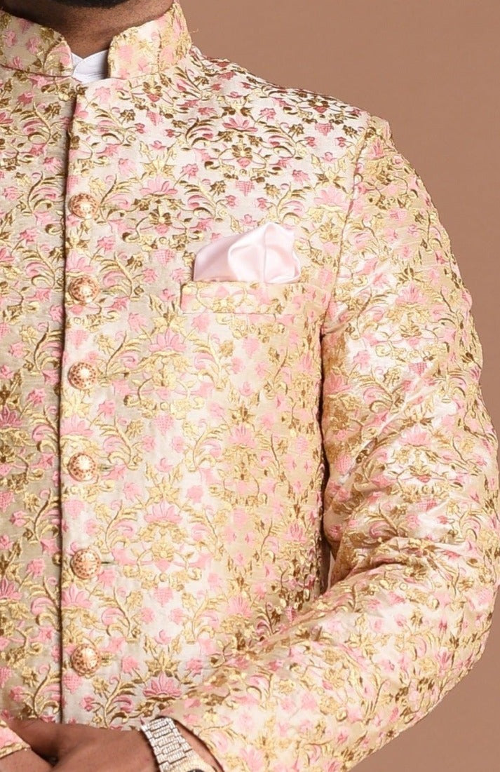 Cream Base With Pink Heavy Embroidered Floral Sherwani