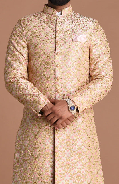 Cream Base With Pink Heavy Embroidered Floral Sherwani