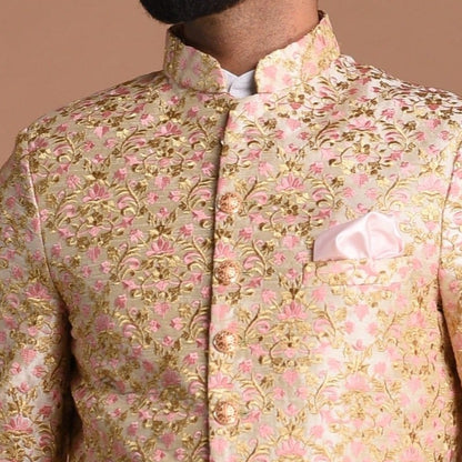 Cream Base With Pink Heavy Embroidered Floral Sherwani