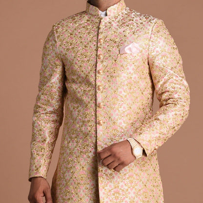 Cream Base With Pink Heavy Embroidered Floral Sherwani