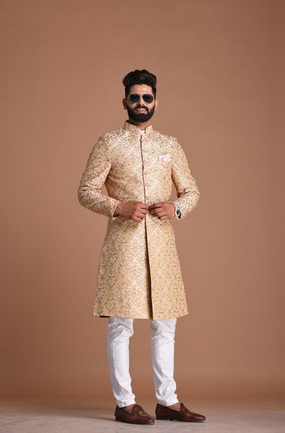 Cream Base With Pink Heavy Embroidered Floral Sherwani