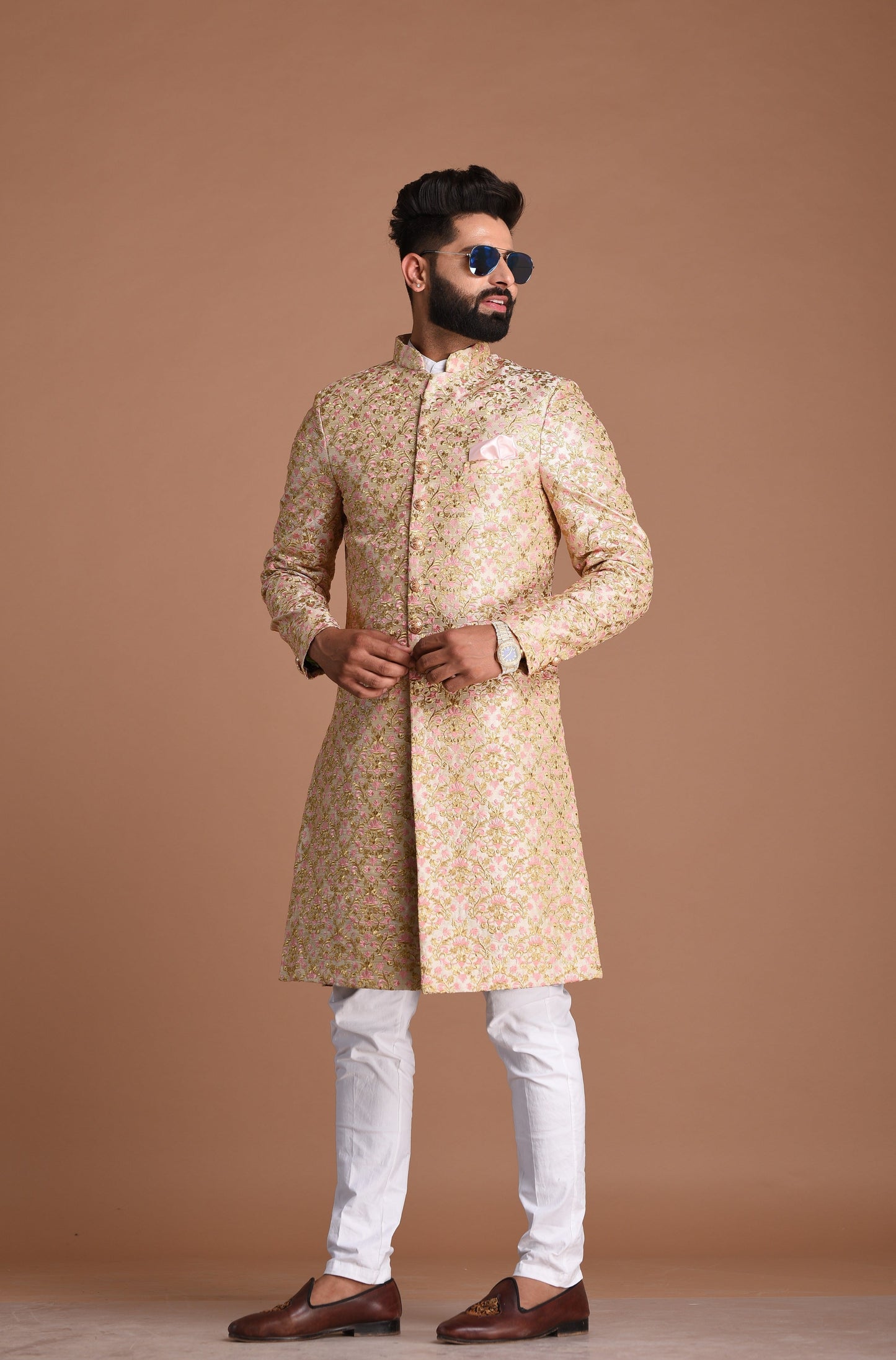 Cream Base With Pink Heavy Embroidered Floral Sherwani