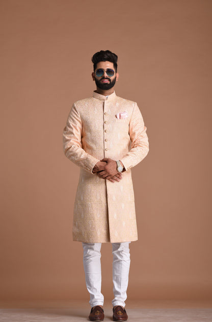 Lucknowi Chikankari Embroidered Peach Color Sherwani