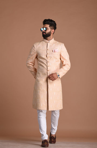 Lucknowi Chikankari Embroidered Peach Color Sherwani