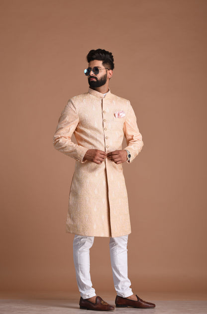 Lucknowi Chikankari Embroidered Peach Color Sherwani