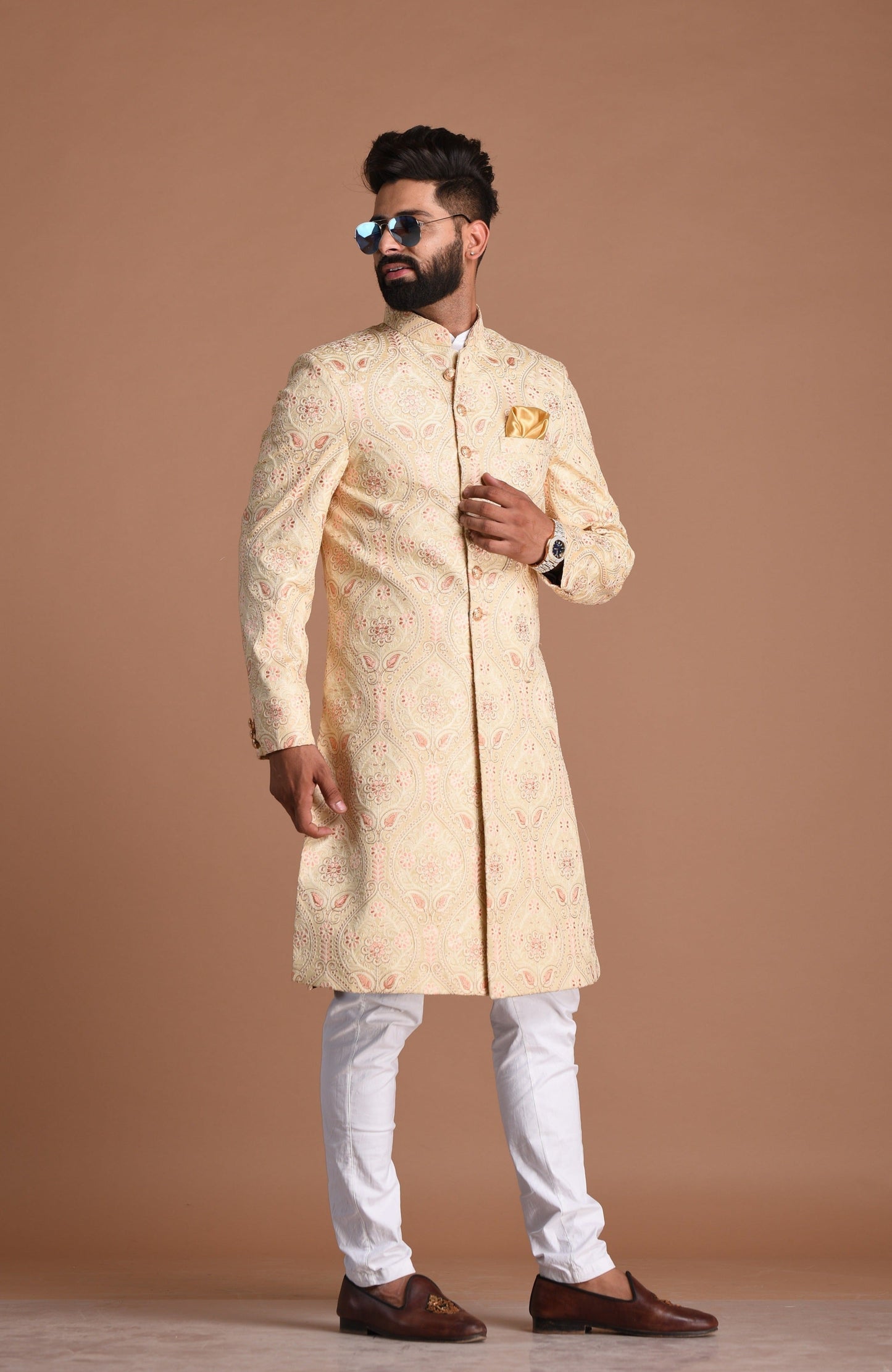 Royal Lucknowi Heavy Embroidered Cream Color Sherwani