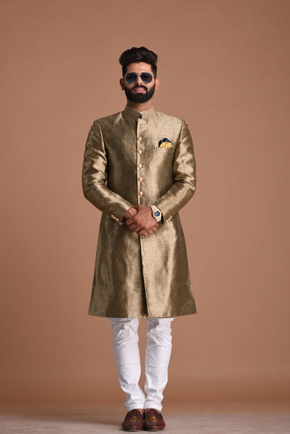 Maharaja Style Silk Kim-Khab Jade and Gold Dual Tone Achkan