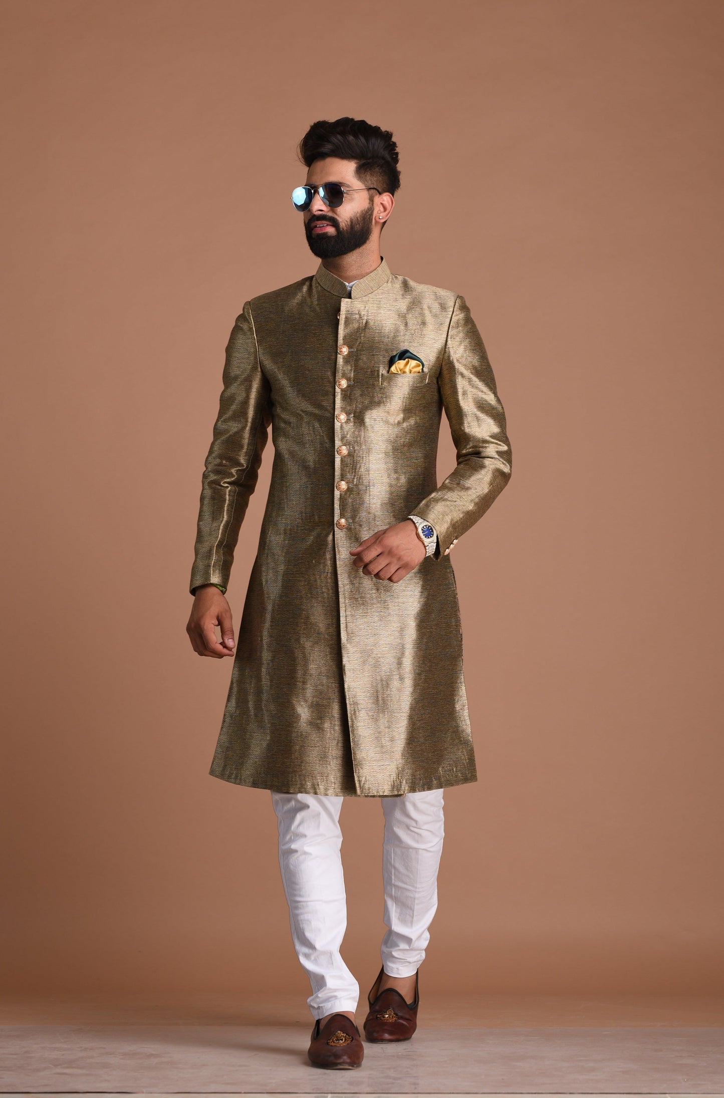 Maharaja Style Silk Kim-Khab Jade and Gold Dual Tone Achkan