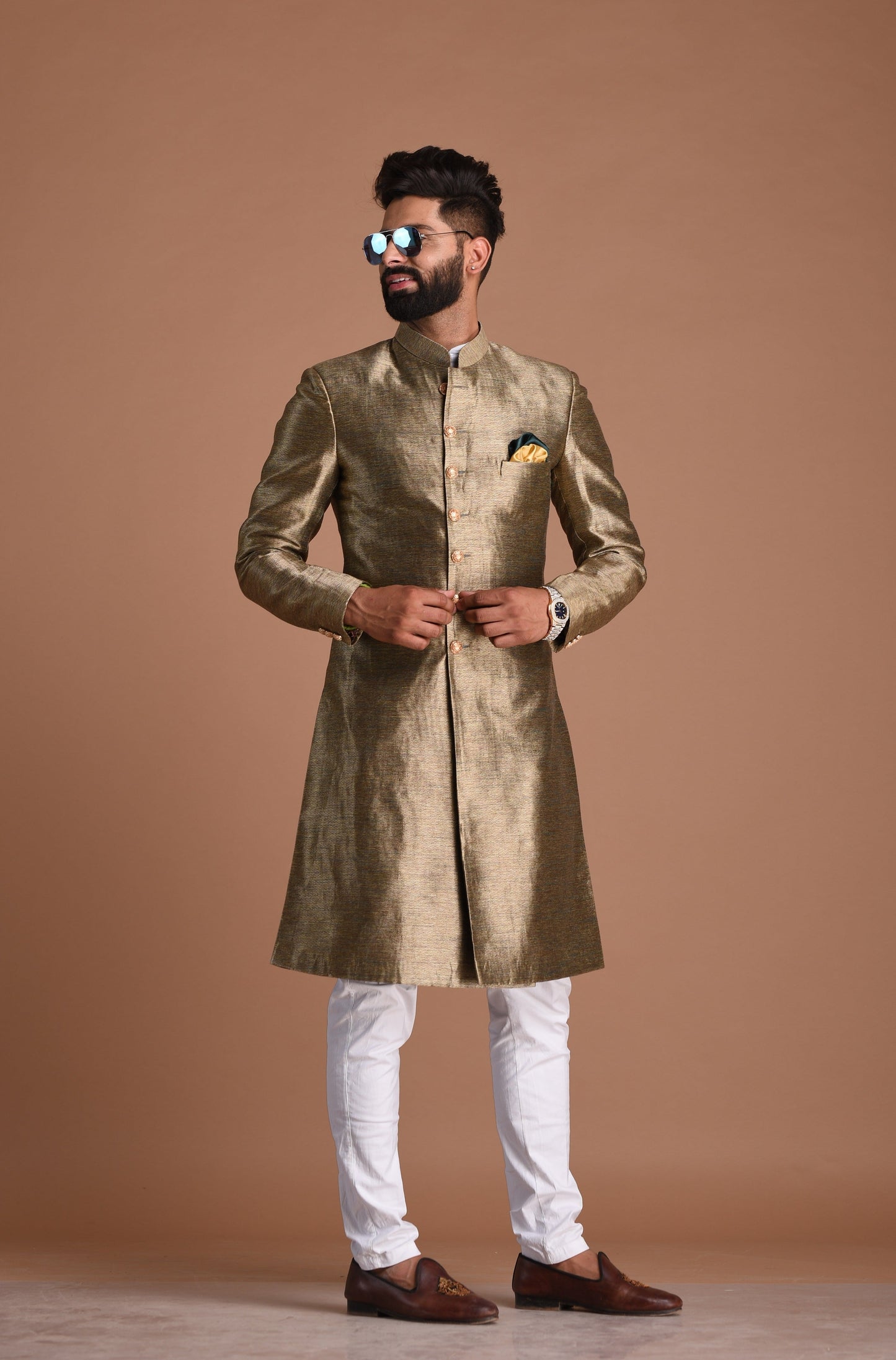 Maharaja Style Silk Kim-Khab Jade and Gold Dual Tone Achkan