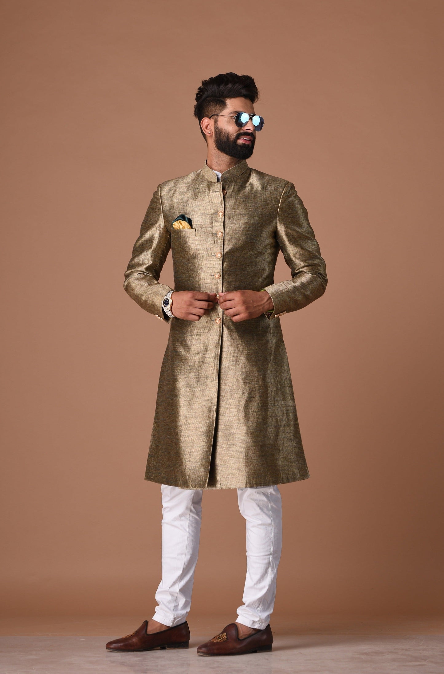 Maharaja Style Silk Kim-Khab Jade and Gold Dual Tone Achkan