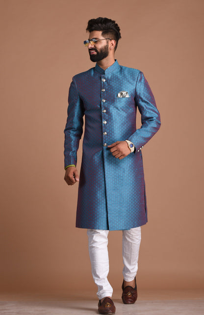 Handmade Royal Blue Leaf Pattern Brocade Silk Sherwani