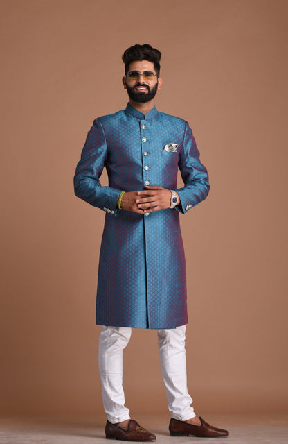 Handmade Royal Blue Leaf Pattern Brocade Silk Sherwani