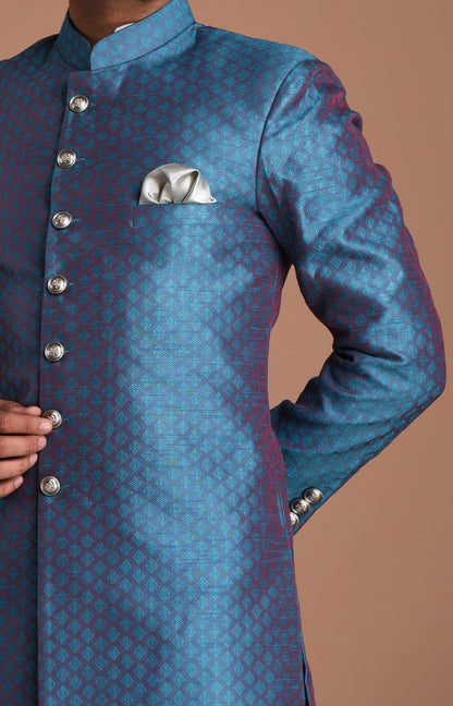 Handmade Royal Blue Leaf Pattern Brocade Silk Sherwani