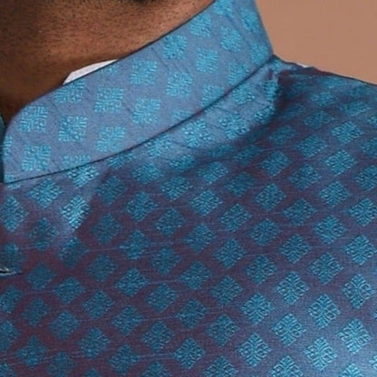 Handmade Royal Blue Leaf Pattern Brocade Silk Sherwani