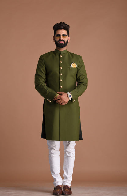 Battle Green Color Maharaja Style Achkan