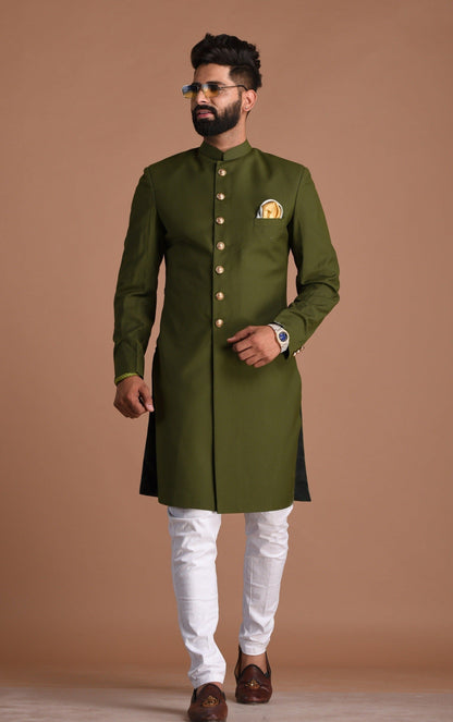 Battle Green Color Maharaja Style Achkan