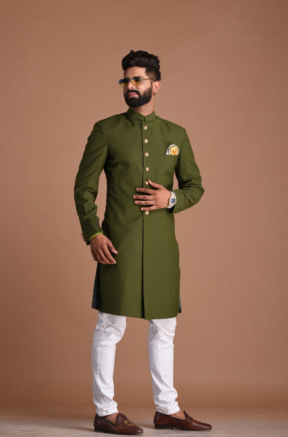 Battle Green Color Maharaja Style Achkan